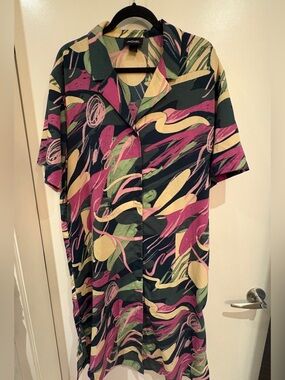 Monki Navy Abstract Button-Down Dress with Pink & Green Swirls